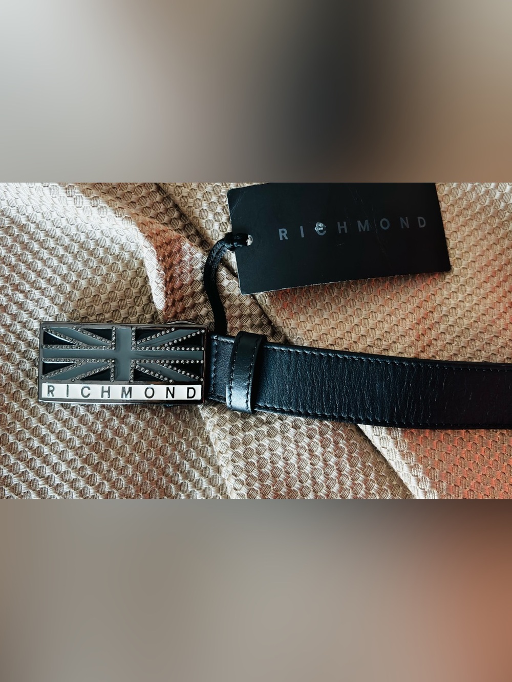 NWT- Richmond Black Leather Belt with Studded Union Jack Buckle